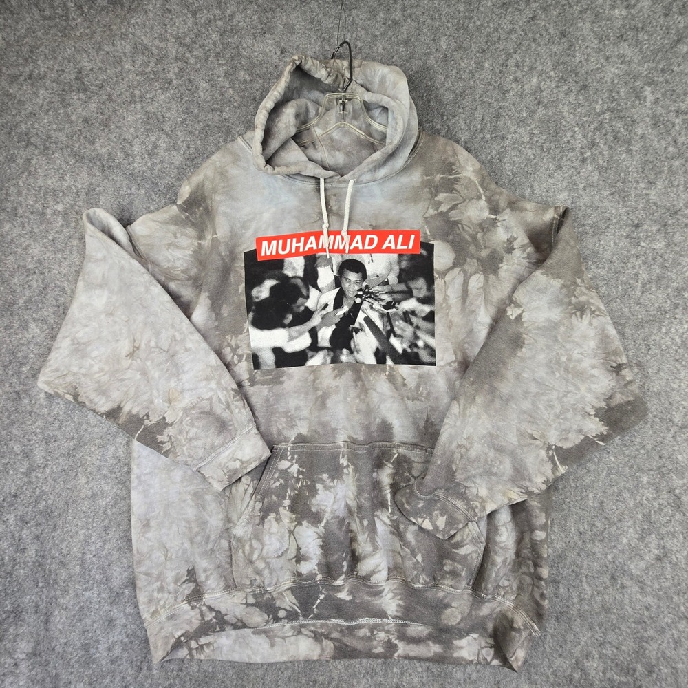 Muhammad Ali Hoodie Unisex Large Grey Tie-Dye Relaxed Graphic Boxing Sweatshirt